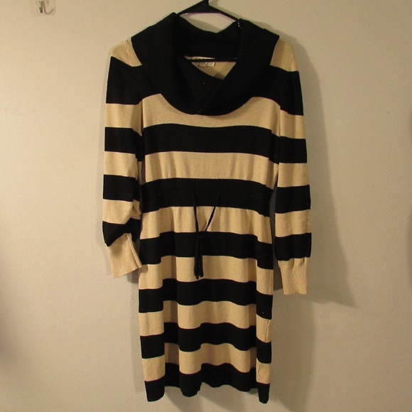 Pink Rose Black and Cream Striped Long Sleeve Dress - Picture 1 of 3